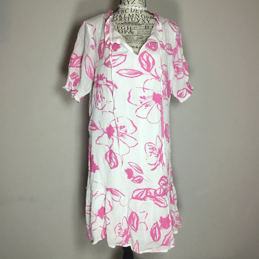 White ruffle knee length dress pink floral gauzy lined summer feminine fairy L